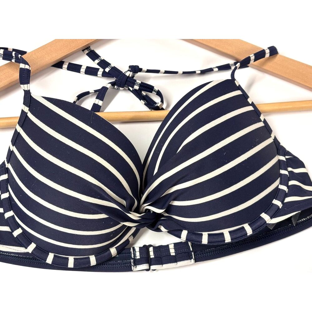 Aerie Perkier Push Up Swim Top 34C Navy White Striped Halter Bikini Top
